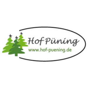 Logo Schriftzug Hof Püning mit Unterschrift www.hof-puening.de und drei grünen Weihnachtsbäumen an der linken Seite